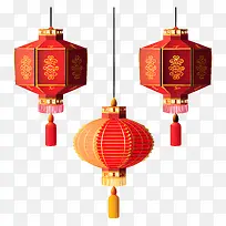 中国灯笼-三个设计复杂的红色中国灯笼