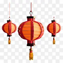 红灯笼-三个挂有金色装饰的红灯笼