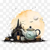 国际茶日-国际茶日茶壶钟楼风车月亮