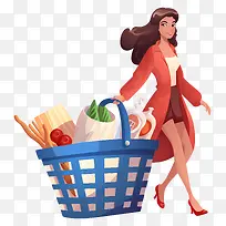 女人—匆忙而时尚的现代女性在城市里携带杂货