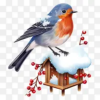 知更鸟-知更鸟栖息在白雪皑皑的鸟舍上,上面有浆果