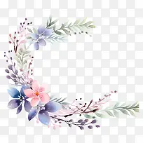 水彩花环-黑色背景和各种花朵的水彩花环