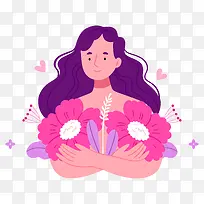 长卷发的女人—卷发的女人拿着粉红色的花朵,平静而满足