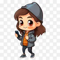 穿灰色毛衣的女孩-戴眼镜的卡通女孩看着手机