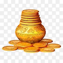 金花瓶-精致的金花瓶,周围有闪闪发光的硬币
