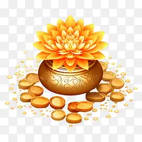 金罐-装满硬币和莲花的金罐