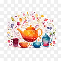 国际茶日-国际茶日茶壶茶杯鲜花叶子