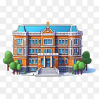 建筑-宏伟的砖砌建筑,有高柱,阳台