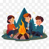 篝火—三个快乐的人围坐在大自然的篝火旁