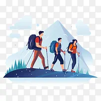 徒步旅行—两名徒步旅行者在雪山景观中徒步旅行