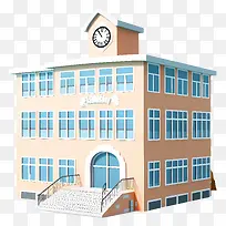 大型建筑-带时钟,窗户和楼梯的砖砌建筑