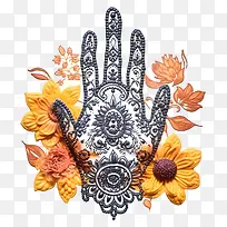 手绘-复杂的手被鲜花和藤蔓包围