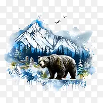 阿拉斯加日-阿拉斯加日熊山水彩雪