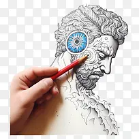 肖像画-拿着红色铅笔的有详细表情的人