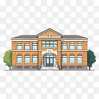建筑-有许多窗户,学校标志的两层建筑