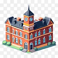 钟楼建筑-带钟楼的逼真红砖建筑