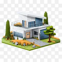 现代建筑-带车库和景观的现代三层建筑