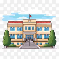 棕色建筑—带旗帜和树木的大型棕色建筑