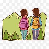 山景—山上的情侣,背着雪,粉色和红色背包
