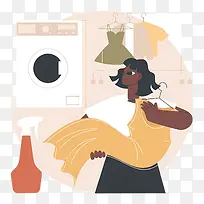 洗衣房—洗衣房里的女人检查洗衣机