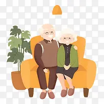 老夫妇—快乐的老夫妇坐在橙色沙发上